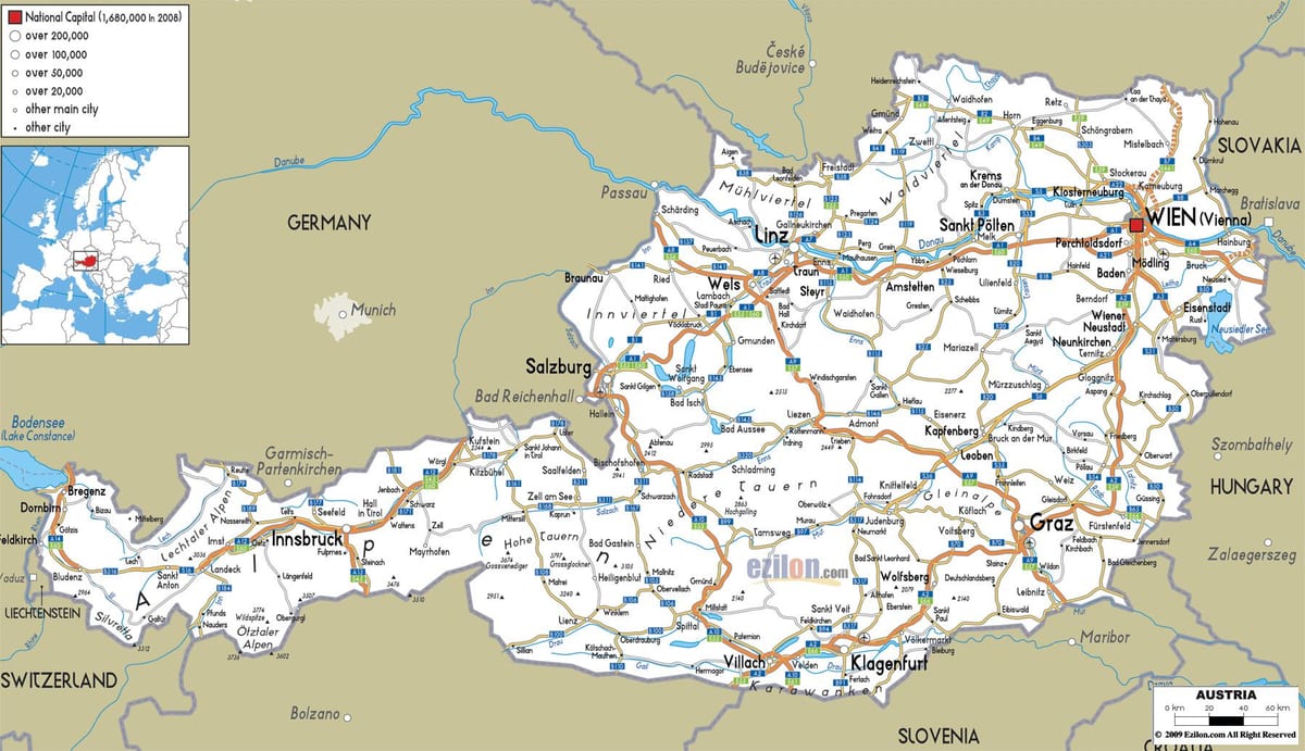детална карта на австрија со градови