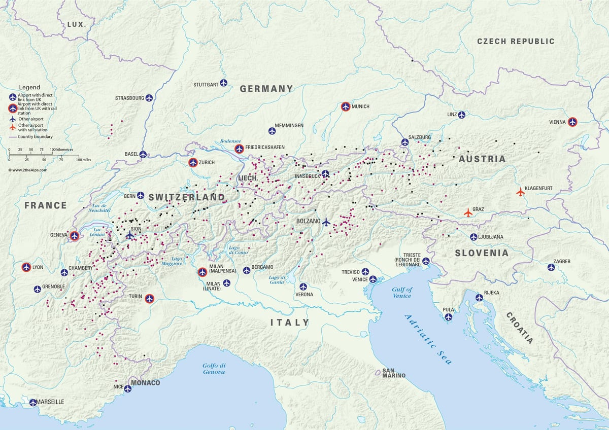 карта на австрија ски летувалишта аеродроми